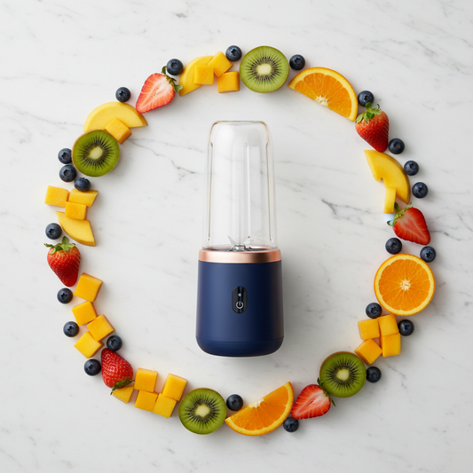 BMTrendzz Portable Blender - Flat lay with colorful fruits